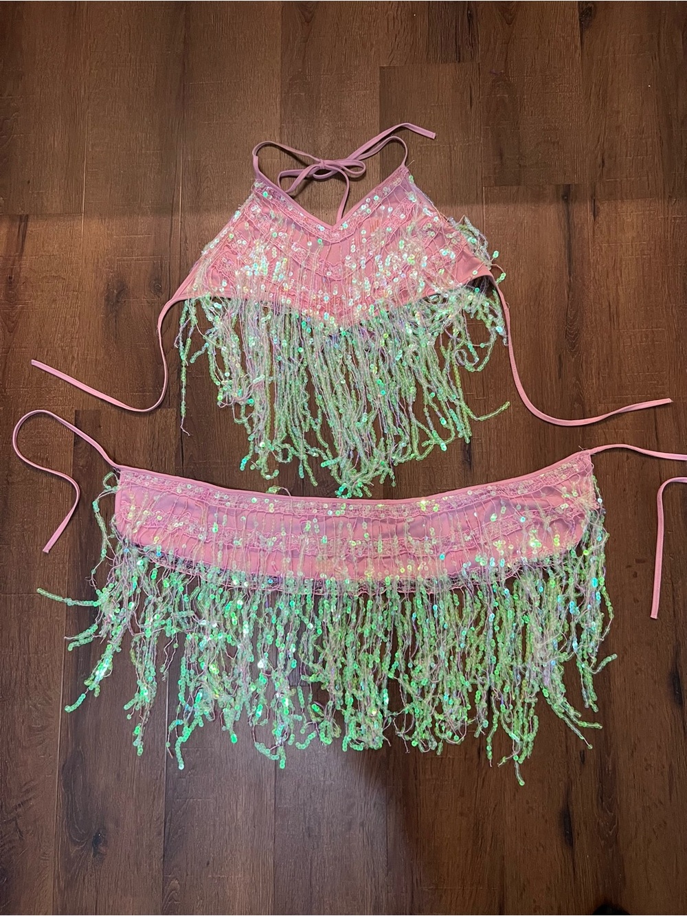 Pink Sequin Fringe Two-Piece Dance Top and Hip Scarf